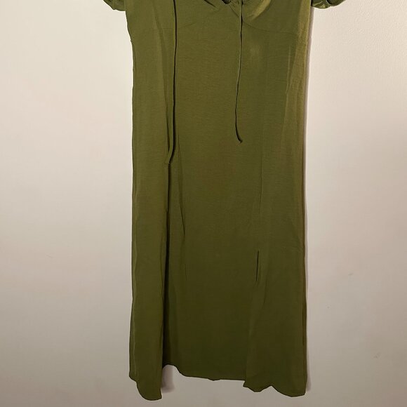 Monteau Los Angeles | Olive Green Midi Dress | Tie Front Puff Sleeve | Size M - Picture 6 of 6